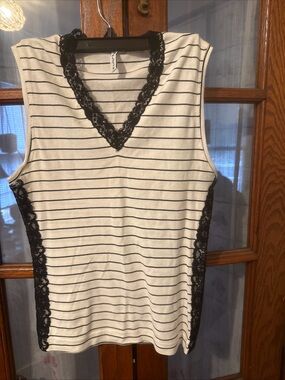 Anthropologie Striped Lace-Trim V-Neck Top -  black and white NWOT